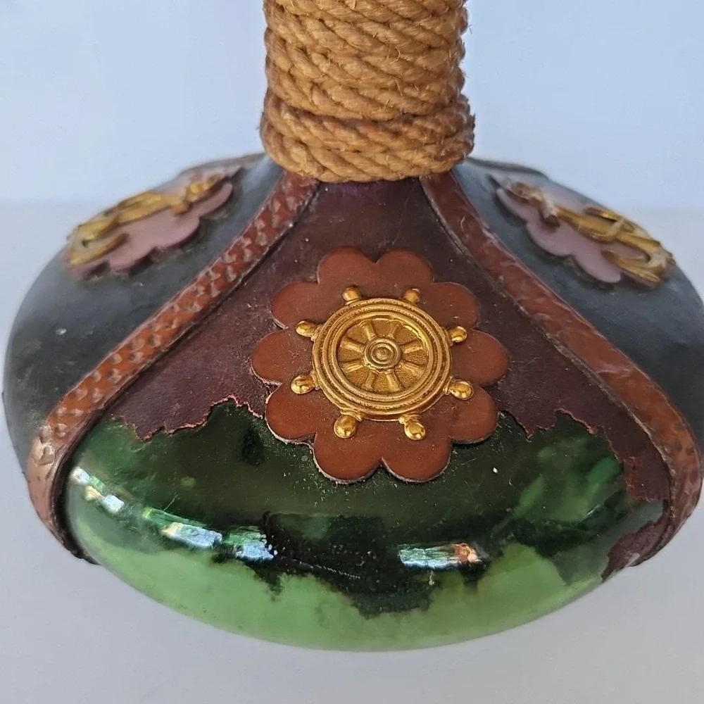 Vintage Italian Leather Wrapped Glass Decanter Nautical Anchor Ship‎ Wheel Decor